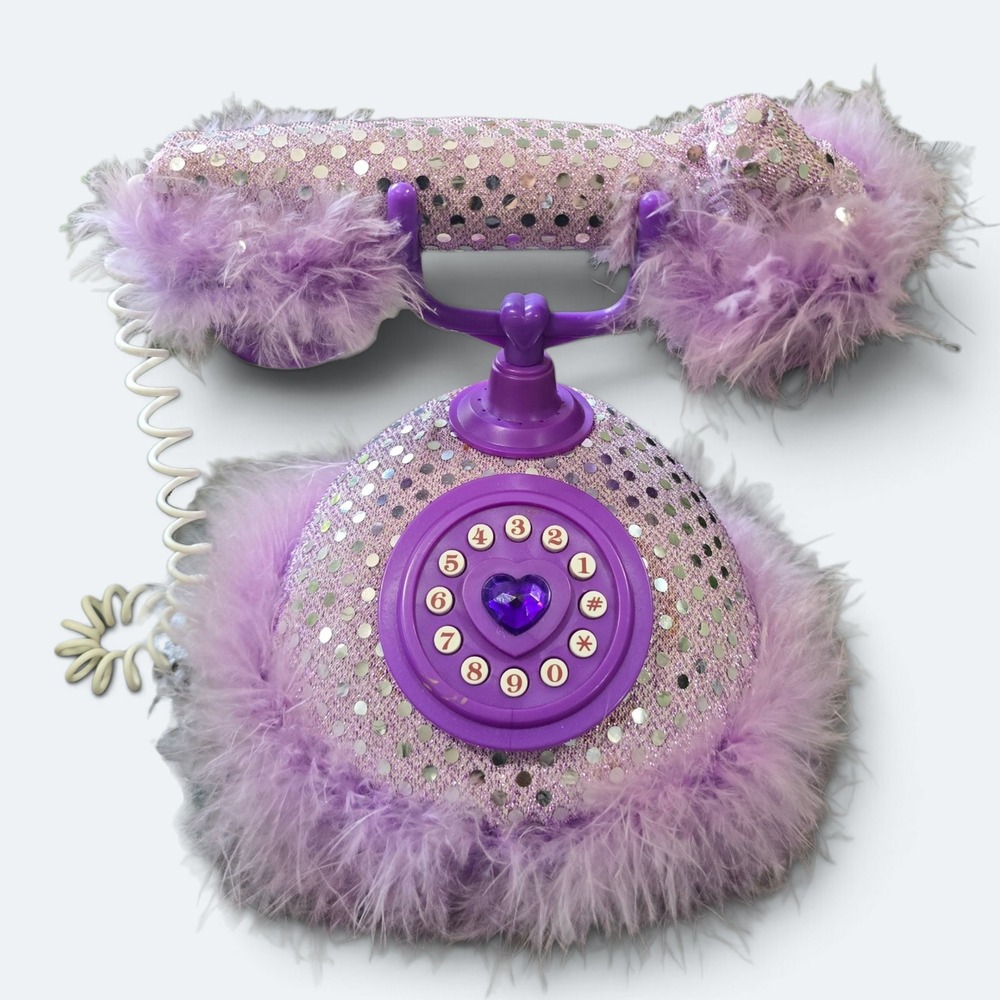 Vintage Kids Purple Fur Sequin Heart Landline Dream Dazzler Glam Play Phone